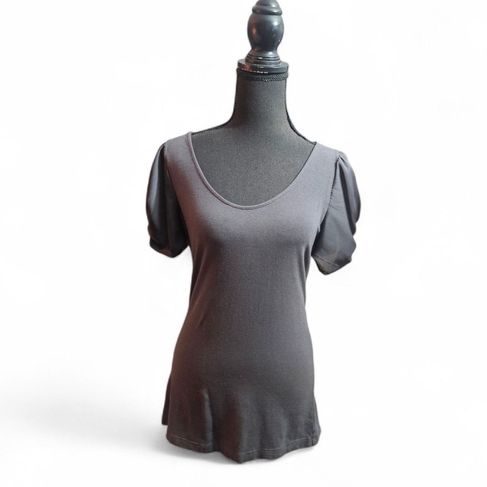 Express Charcoal Short Sleeve Top With Bow Tie Puff Sleeves Size Medium